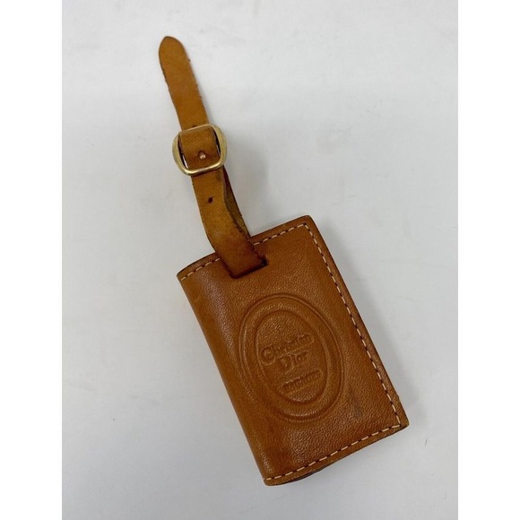 Christian Dior Dior Luggage Tag Holder LEATHER Vintage Strap Buckle Brown - Picture 1 of 9